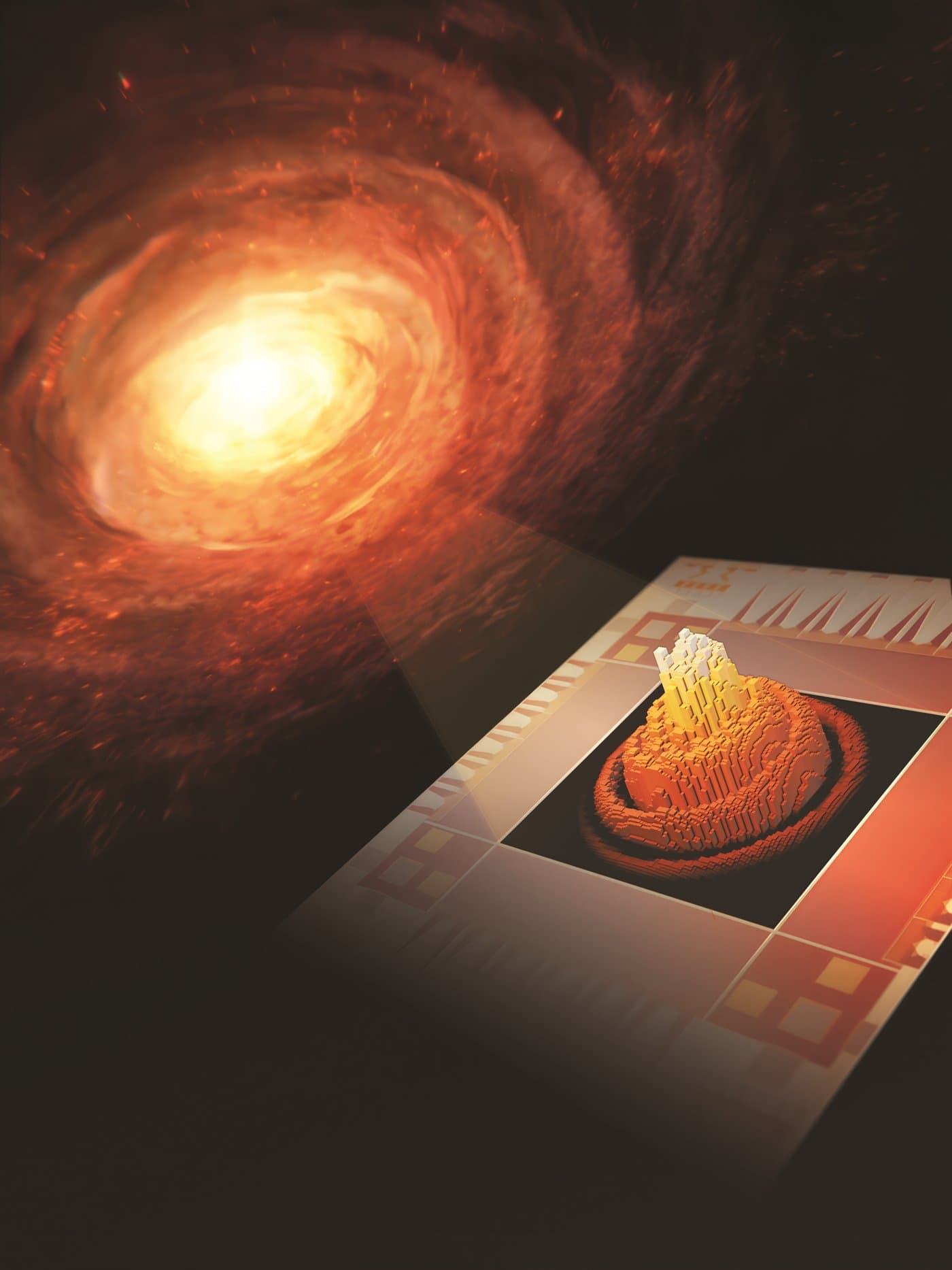 Concept art for the 400,000-pixel superconducting nanowire camera: a spiral galaxy imaged onto a detector array.